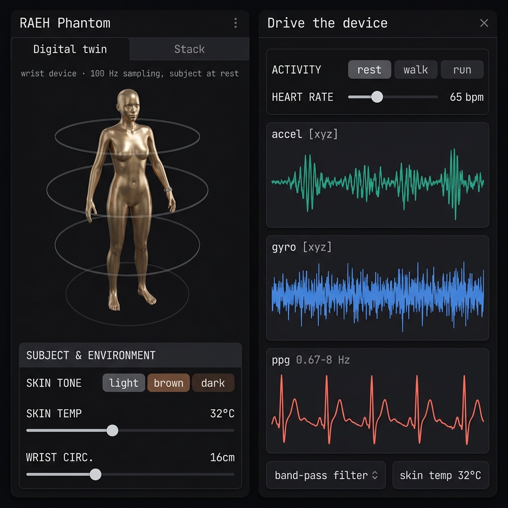RAEH Phantom workbench — digital twin with live biosignal charts